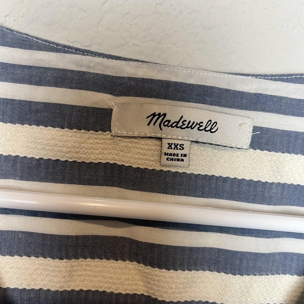 Madewell Blouse Womens XXS Blue Stripe V Neck Button Short Puff Sleeve Top